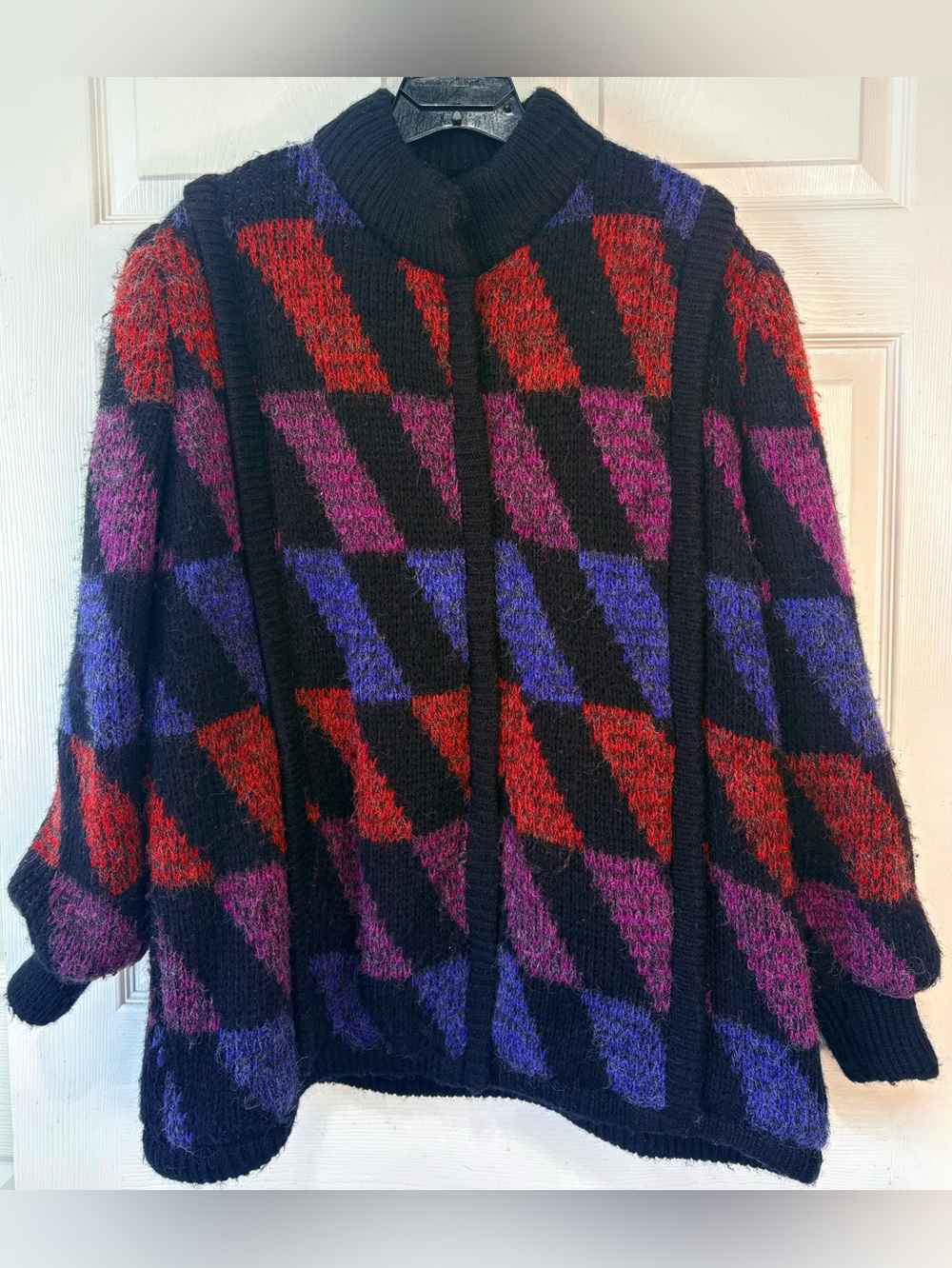 Vintage 80s Gallery Bold Geometric Print Shaggy chunky knit sweater jacket Large